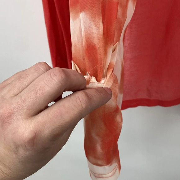 Chico's Cardigan Women Sz 2 Large Coral Orange Watercolor Chiffon Open Front - Picture 2 of 9